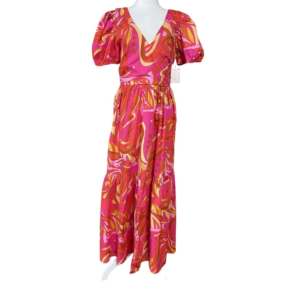 1. STATE Dress Womens M Pink Paisley Cutout Maxi V Neck Puff Sleeve Boho